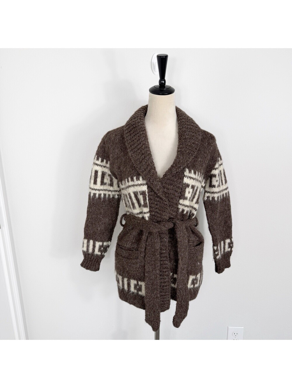 RUNOX Belted Cardigan Sweater Fair Isle Womens Pure New Wool SCANDINAVIAN Sz S/M